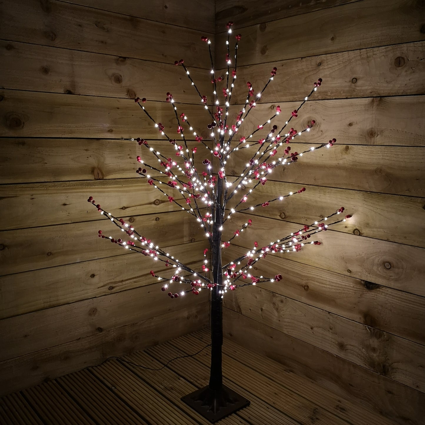 120cm 4ft Christmas Lit Black Twig Tree Red Berry 400 Warm White LED