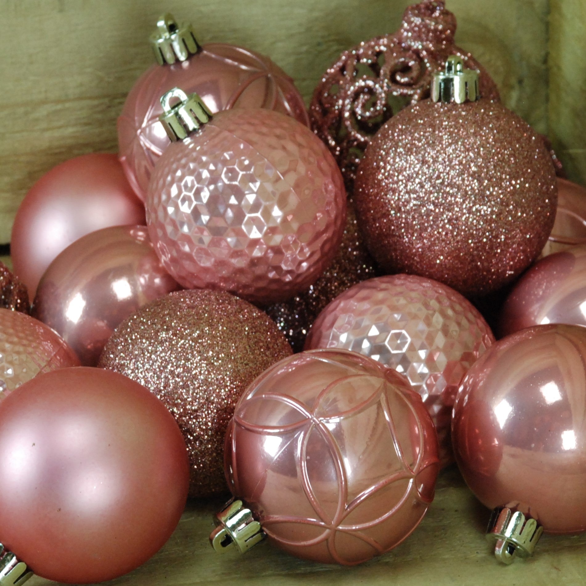Shatter Proof Christmas Baubles in Wild Rose - Box of 37 in 6 Different Designs