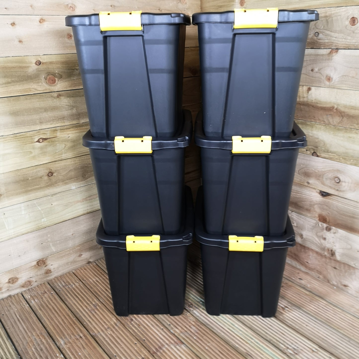 6 x 60L Heavy Duty Storage Tubs Sturdy, Lockable, Stackable and Nestable Design Storage Chests with Clips in Black