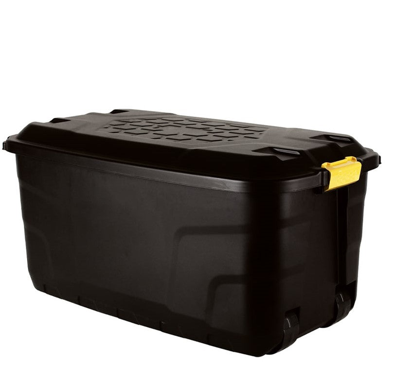 2 x 75L Heavy Duty Trunks on Wheels Sturdy, Lockable, Stackable and Nestable Design Storage Chest with Clips in Black