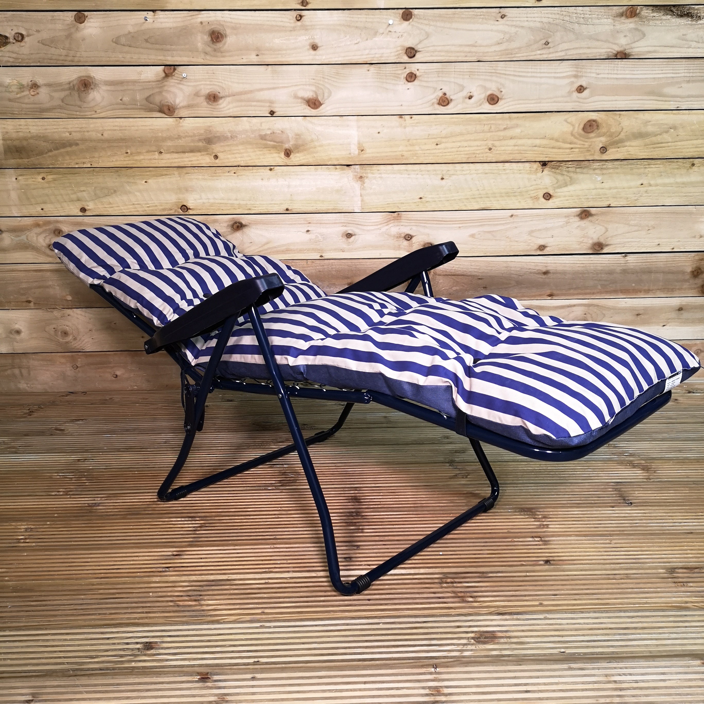 Pack of Two Padded Outdoor Garden Patio Recliners / Sun Loungers with Blue Stripes and Glass Folding Side Drinks Table