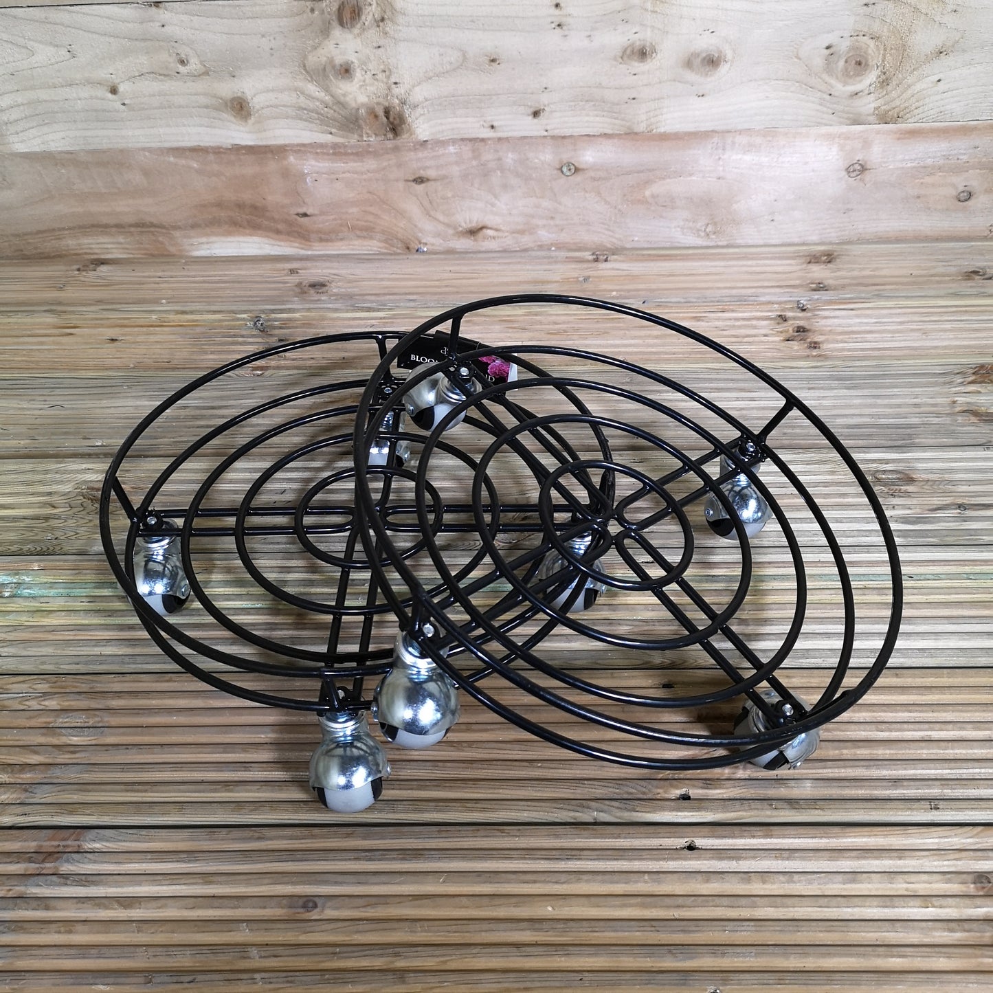 Pack of 2 Tom Chambers Handcrafted Heavy Duty Round Black Metal Garden Patio Plant Flower Pot Stand Caddy Trolley Dolly on Strong Metal Castor Wheels 37cm