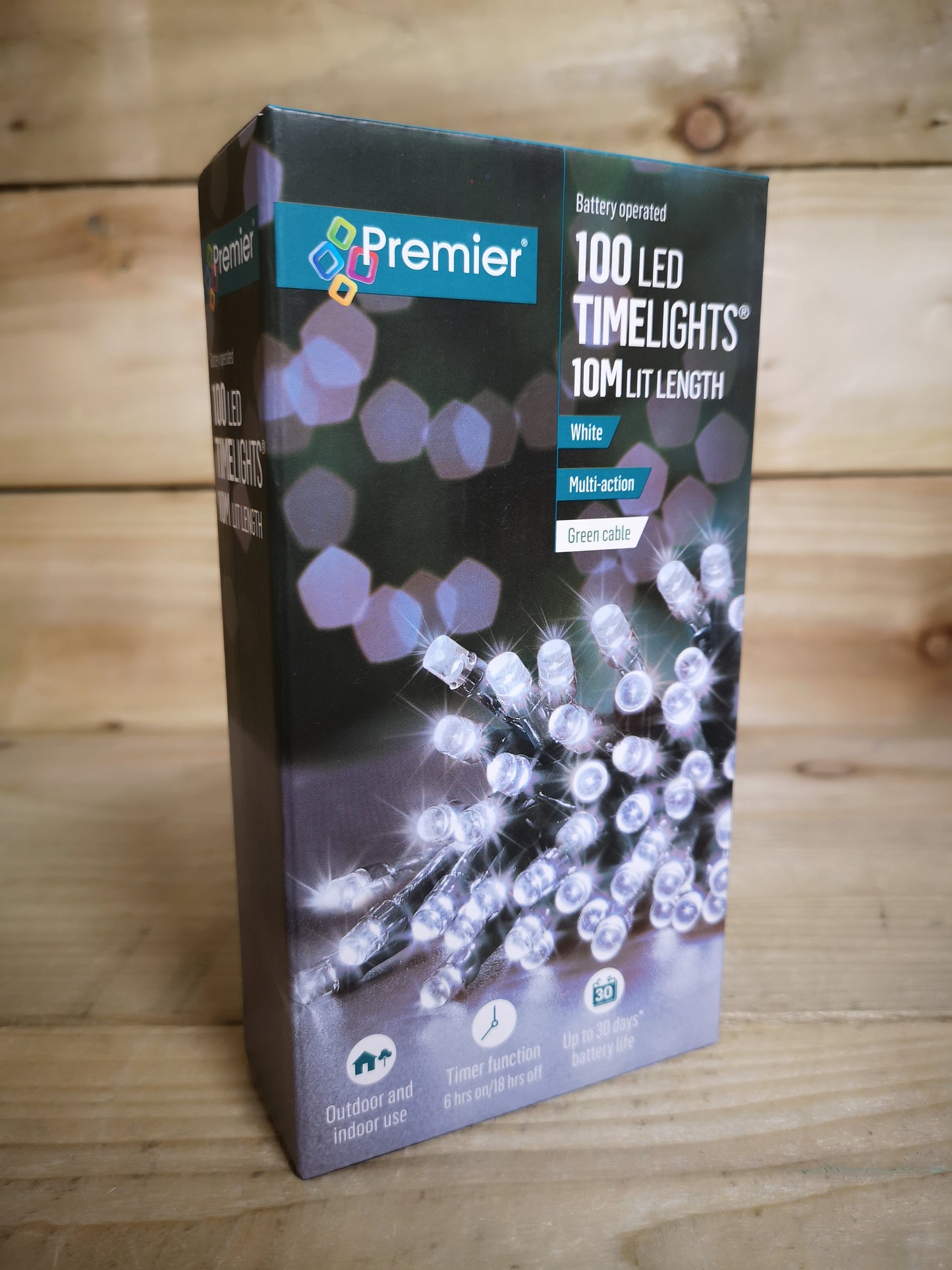 100 LED 10m Premier Christmas Indoor Outdoor Multi Function Battery Operated String Lights with Timer in Cool White