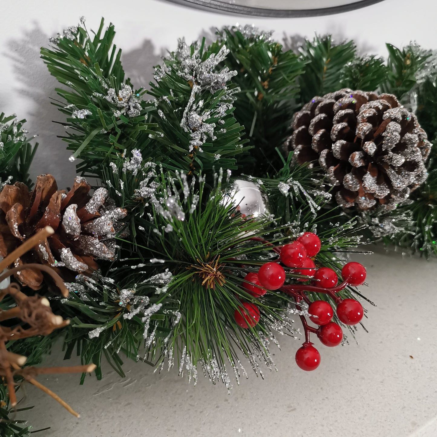 Premier 180cm (6ft) Festive Silver Dressed Christmas Garland With Berries Pinecones And Silver Baubles