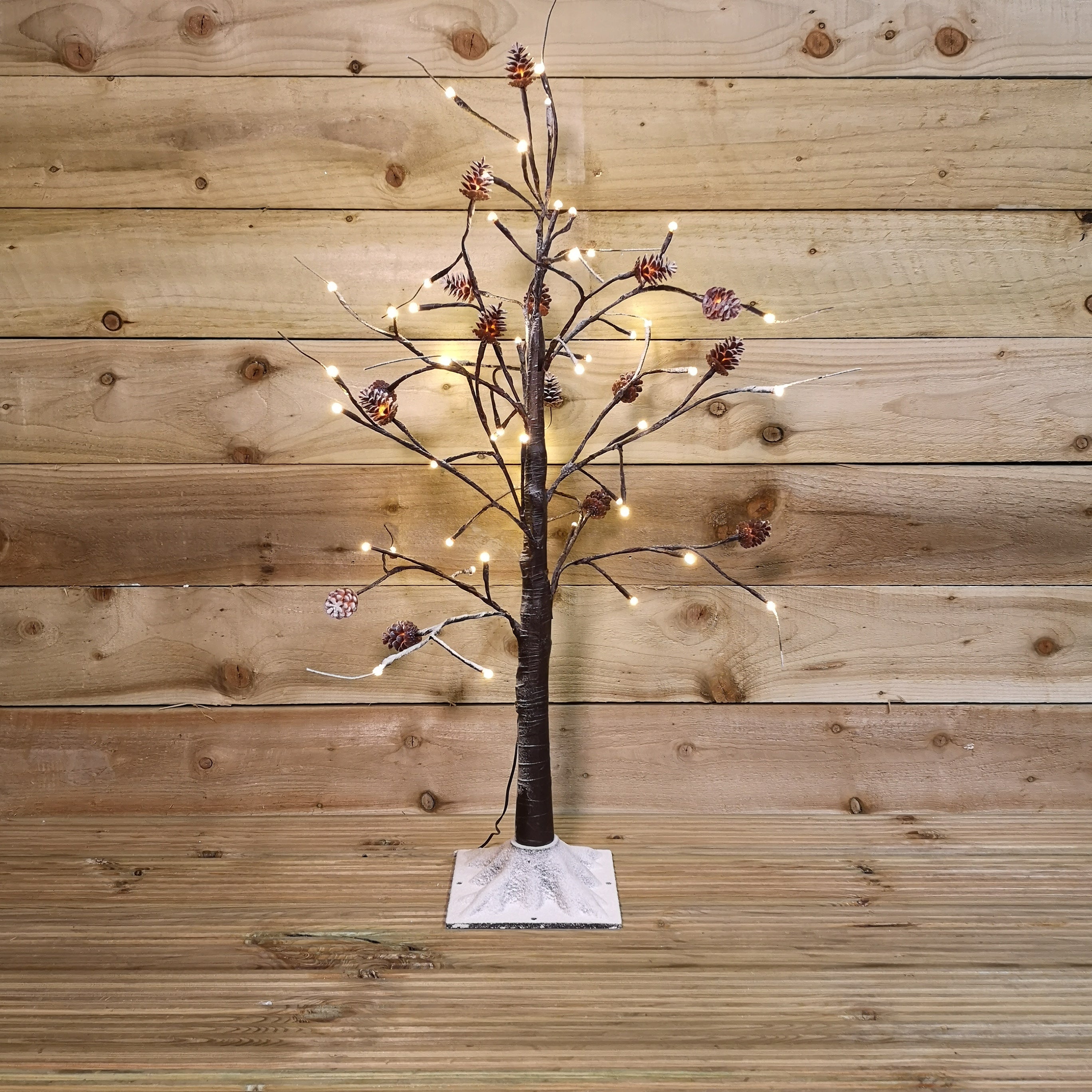 3ft Snowy Brown Twig Outdoor Christmas Tree with Pine Cones & 64 Warm White LEDs