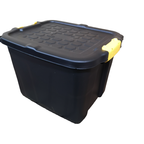 4 x 42L Heavy Duty Storage Tubs Sturdy, Lockable, Stackable and Nestable Design Storage Chests with Clips in Black