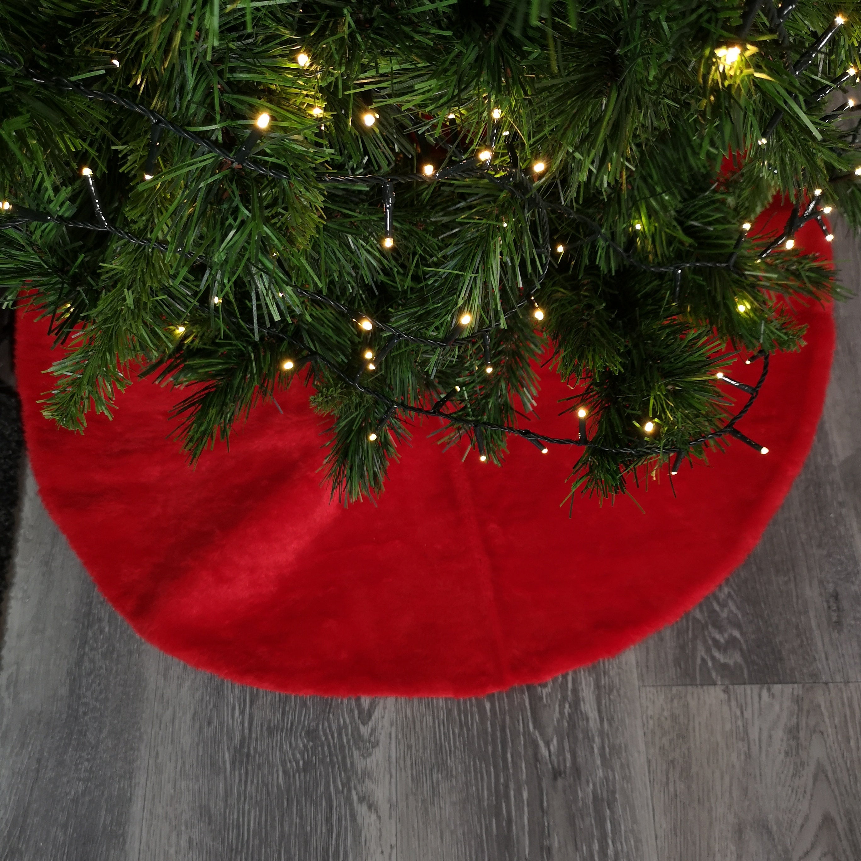 90cm Red Fluffy Plush Christmas Tree Skirt with Ribbon Ties
