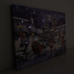 40 x 30cm Snowtime Touch Operated Santa And Village Christmas Fibre Optic Wall Canvas