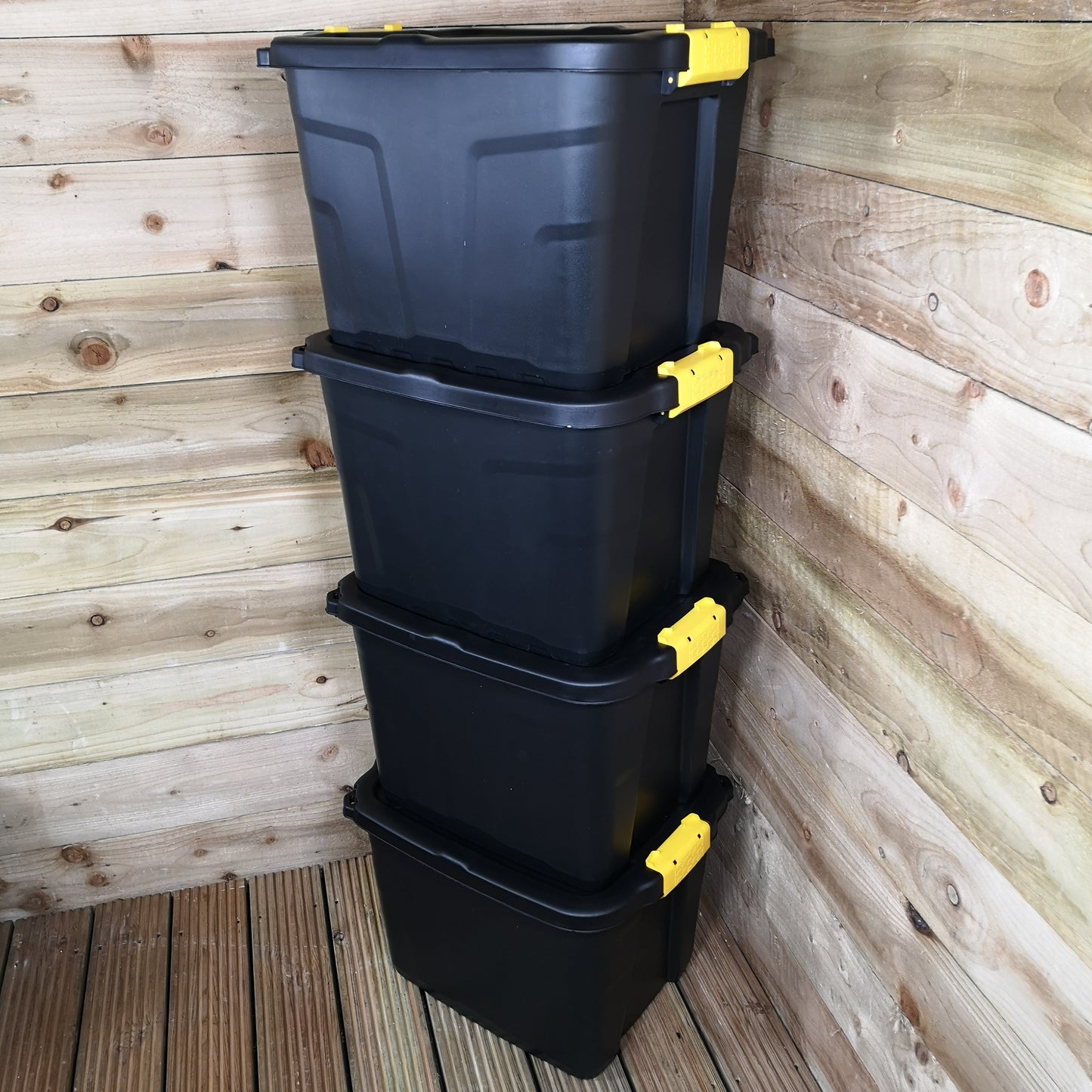 4 x 42L Heavy Duty Storage Tubs Sturdy, Lockable, Stackable and Nestable Design Storage Chests with Clips in Black
