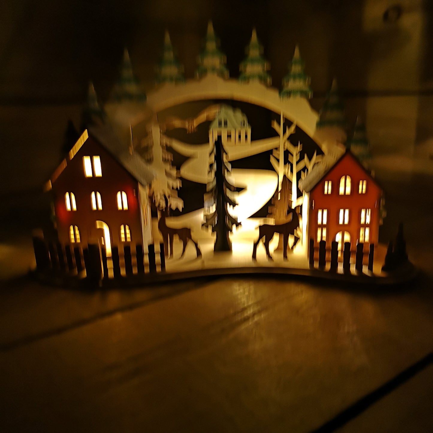 19cm Battery Operated Light up Warm White Christmas Winter Wooden Village Scene with Reindeer