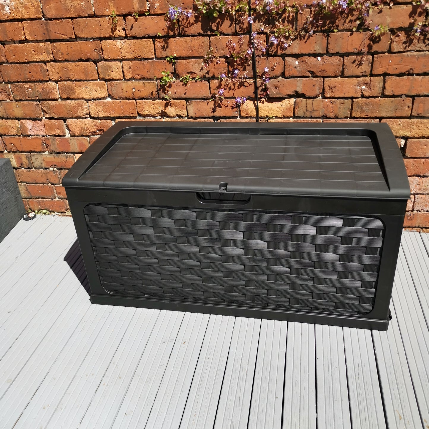 335 Litre Rattan Style Garden Cushion Storage Box with Sit on Lid – Black