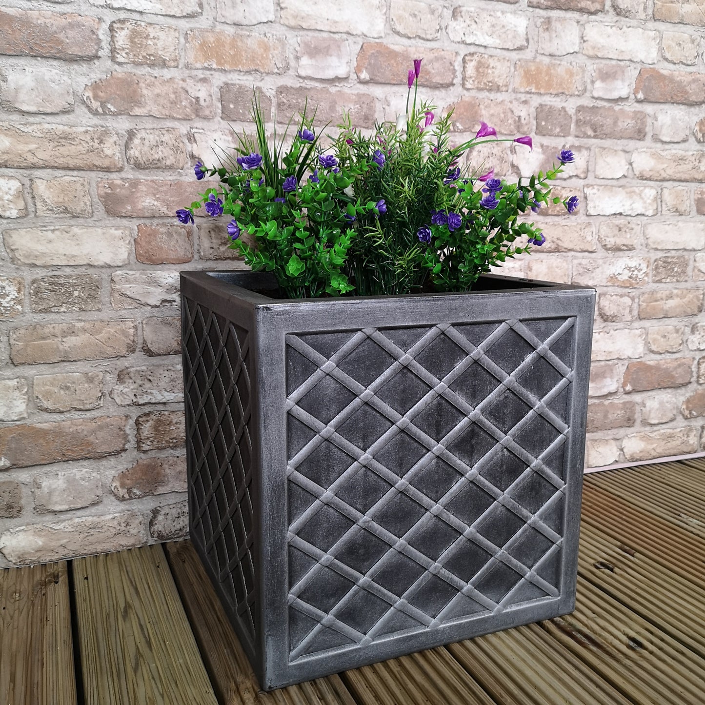 39cm Large Lazio Square Grey Plastic Pewter Effect Garden Planter
