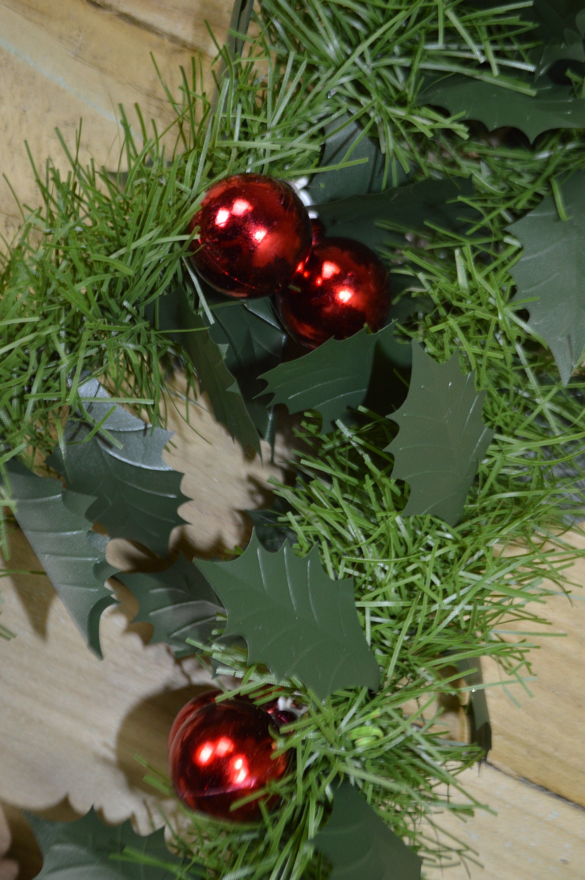 2.7m x 12cm Christmas Green Tinsel Garland with Holly & Baubles