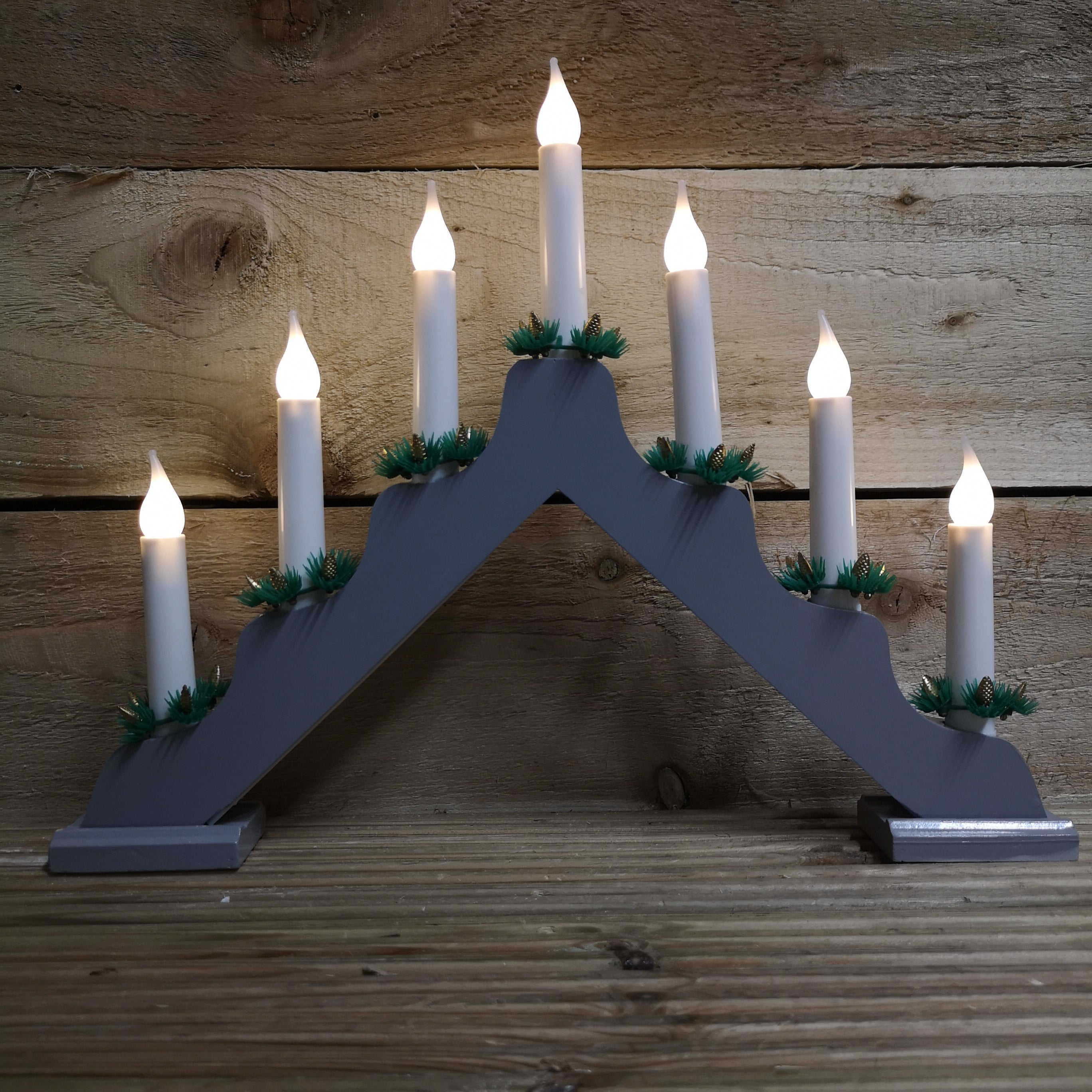 40cm Battery Operated Grey Wooden Christmas Candle Bridge with 7 Bulbs in Warm White