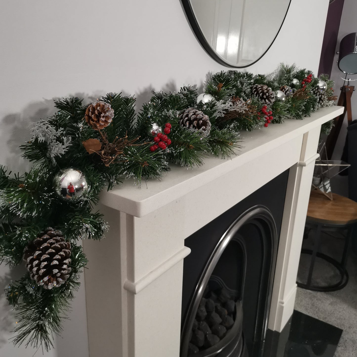 Premier 180cm (6ft) Festive Silver Dressed Christmas Garland With Berries Pinecones And Silver Baubles