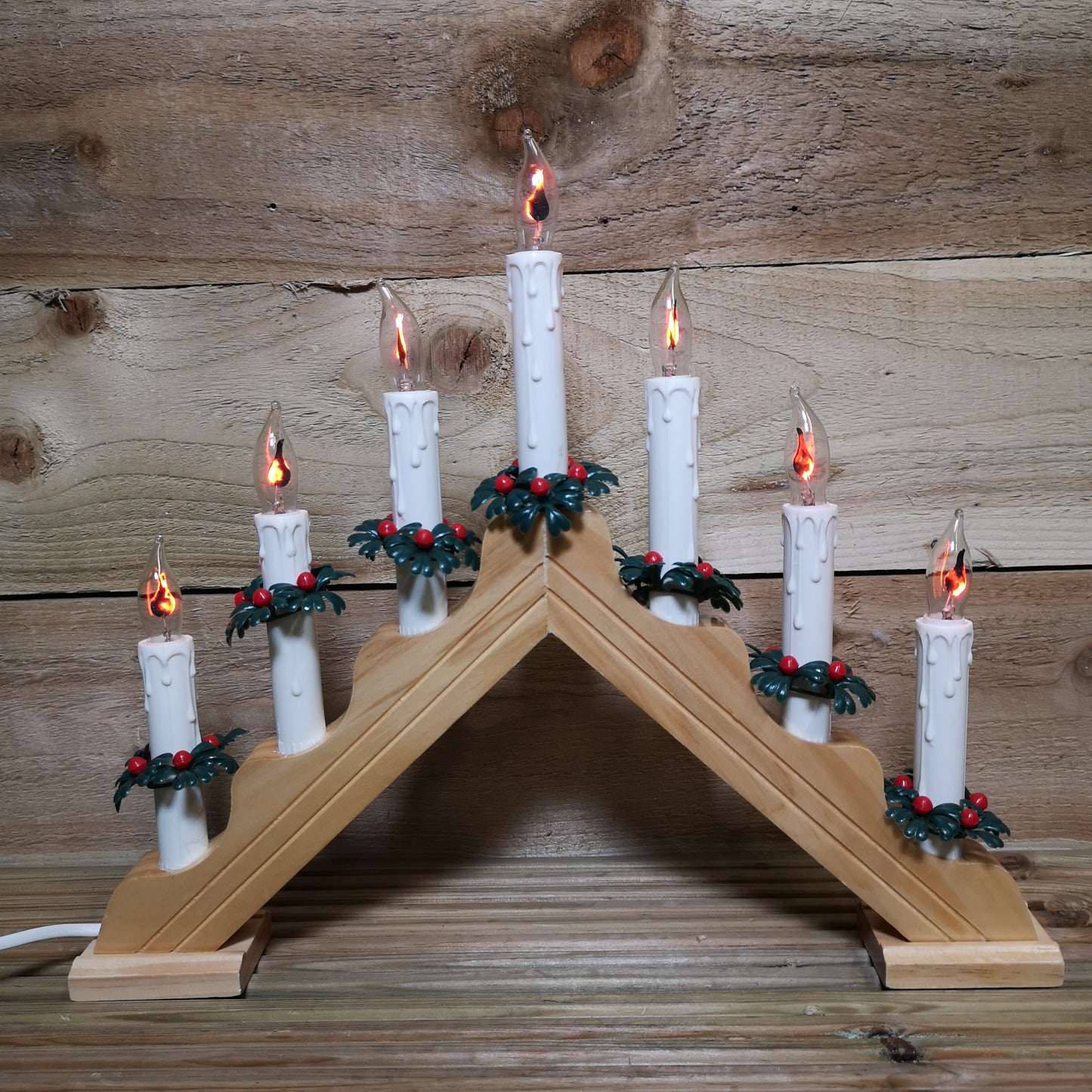40cm Premier Christmas Candlebridge with 7 Flickering Bulb in Light Wood Finish Mains Operated