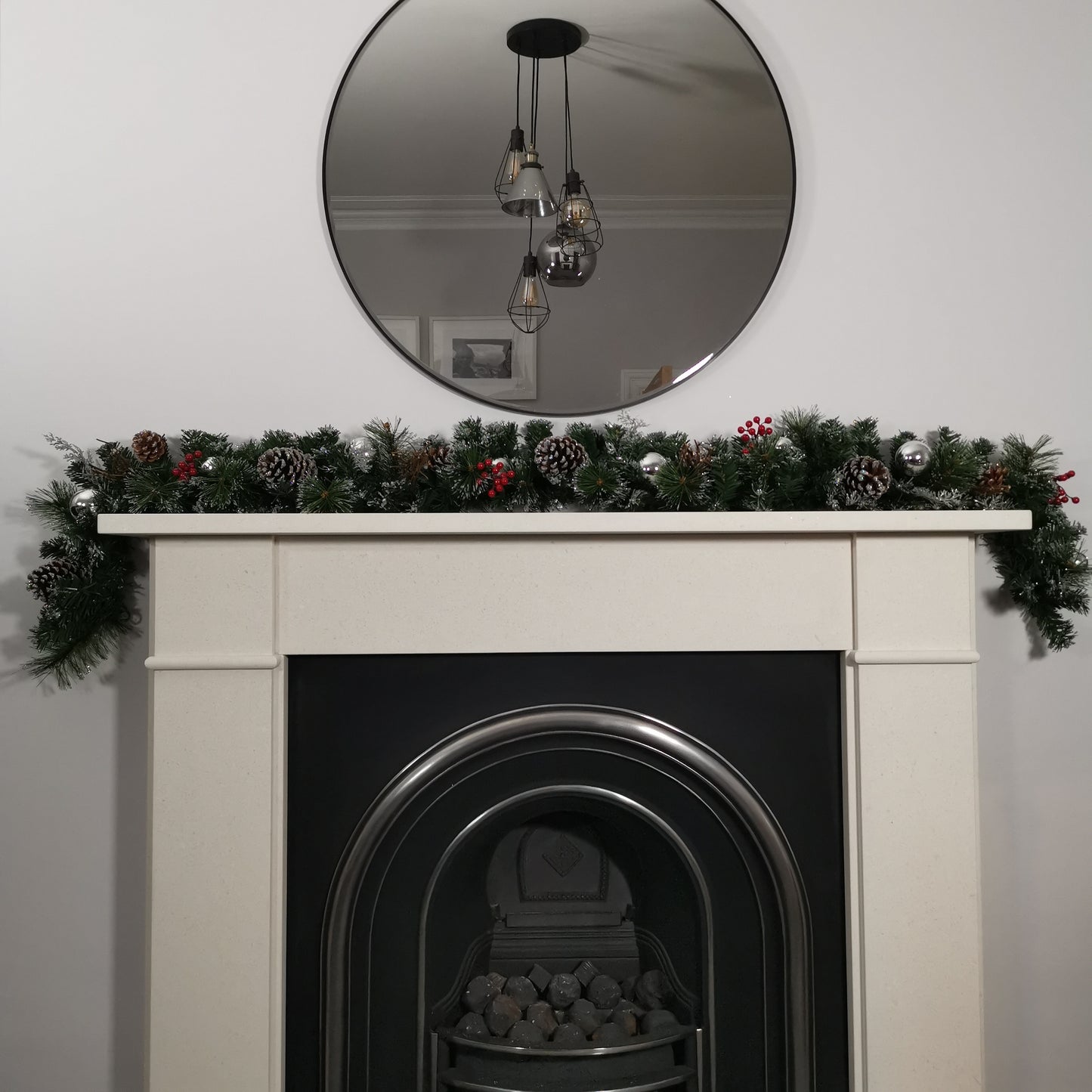 Premier 180cm (6ft) Festive Silver Dressed Christmas Garland With Berries Pinecones And Silver Baubles