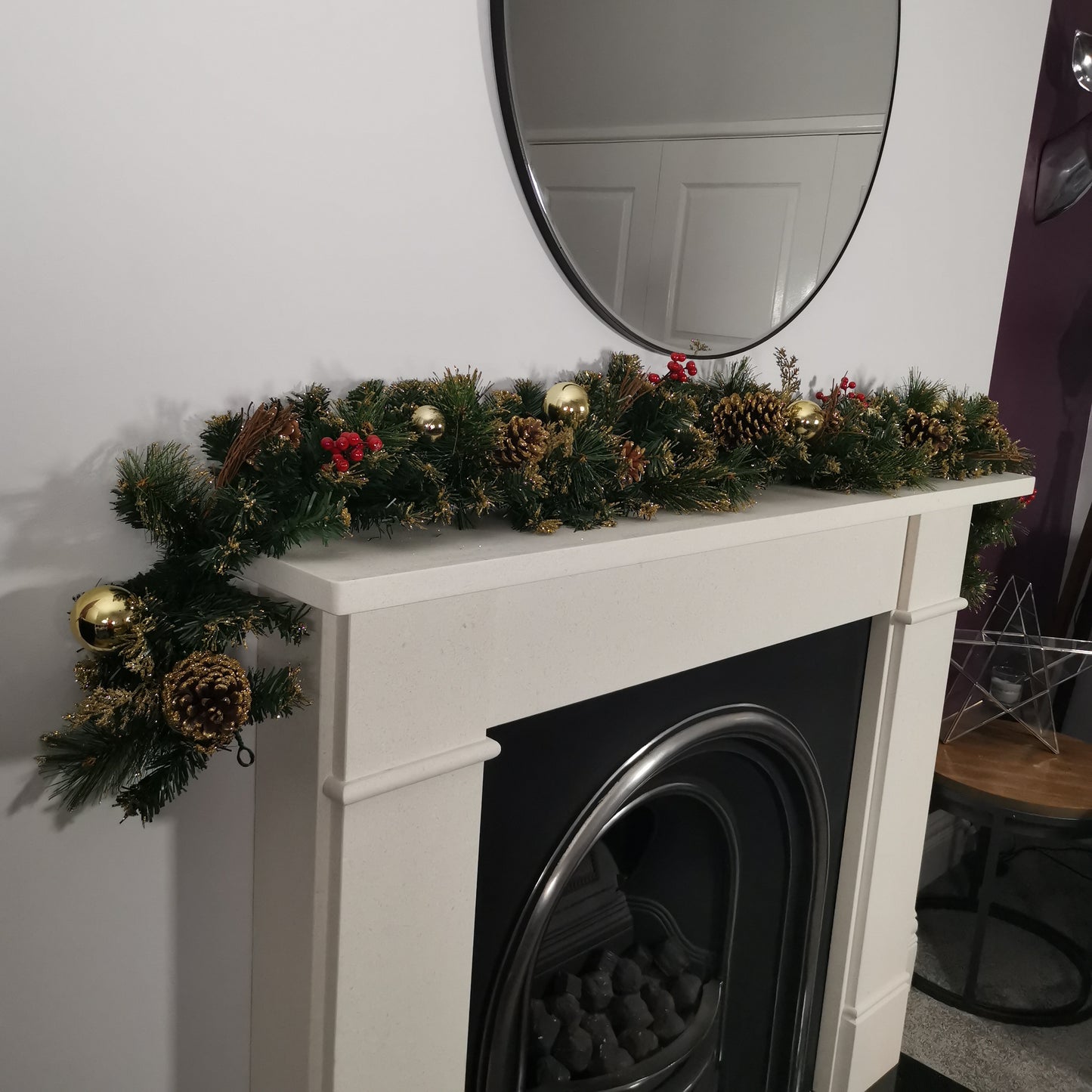 180cm (6ft) Premier Gold Dressed Christmas Garland With Berries Pinescones And Gold Baubles