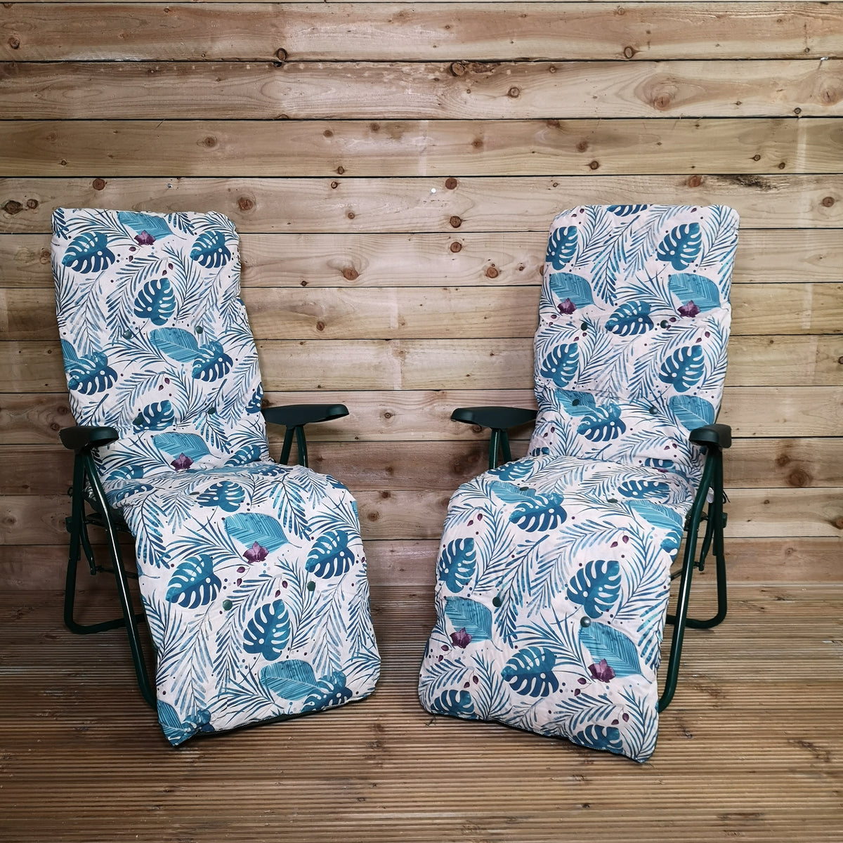 Pack of Two Padded Outdoor Garden Patio Recliners / Sun Loungers with Tropical Leaf Design