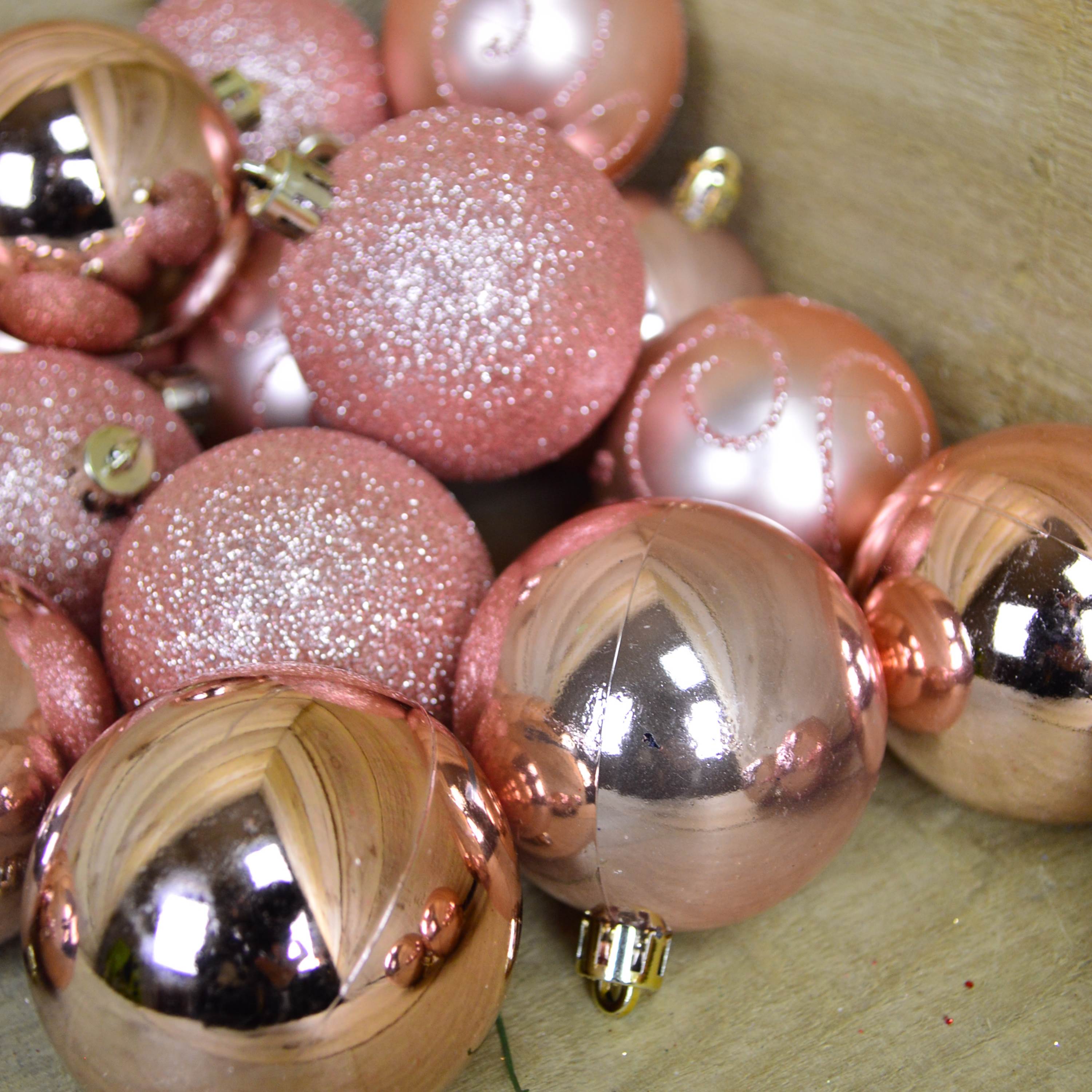 24 Pack 6cm Christmas Tree Baubles 4 Mixed Designs - Rose Gold / Pink