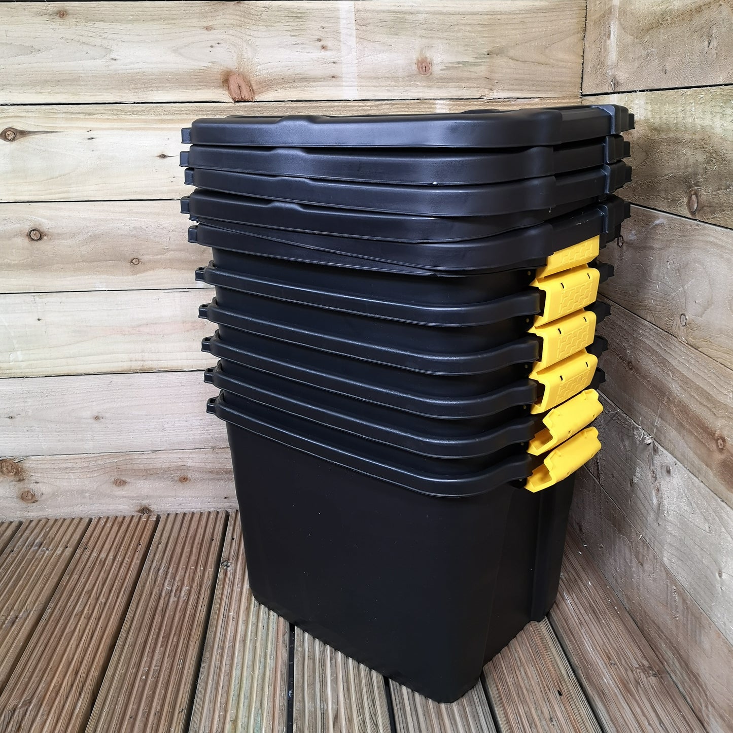 6 x 42L Heavy Duty Storage Tubs Sturdy, Lockable, Stackable and Nestable Design Storage Chests with Clips in Black