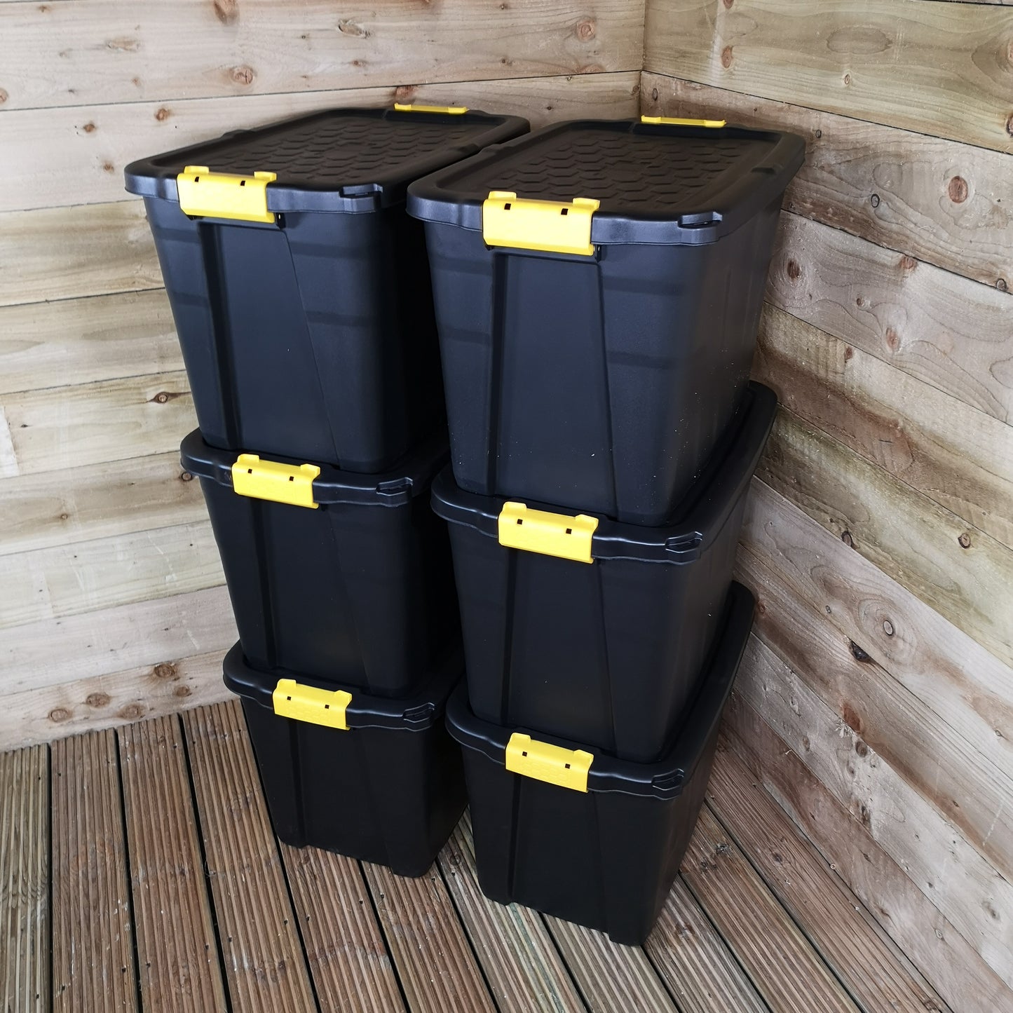 6 x 60L Heavy Duty Storage Tubs Sturdy, Lockable, Stackable and Nestable Design Storage Chests with Clips in Black