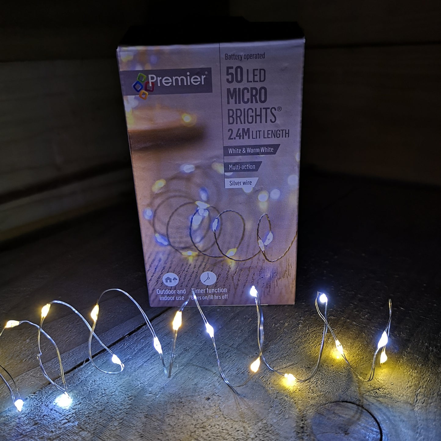 50 LED 2.5m Premier MicroBrights Indoor Outdoor Christmas Multi Function Battery Operated Lights with Timer on Pin Wire in Warm & Cool White