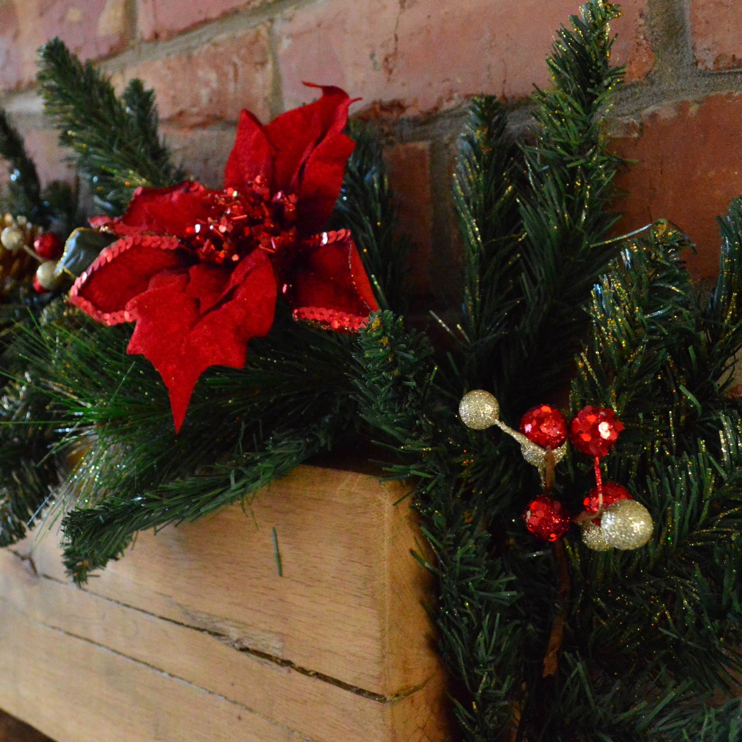 180cm (6ft) Deluxe Red and Gold Poinsettia Christmas Garland Decoration