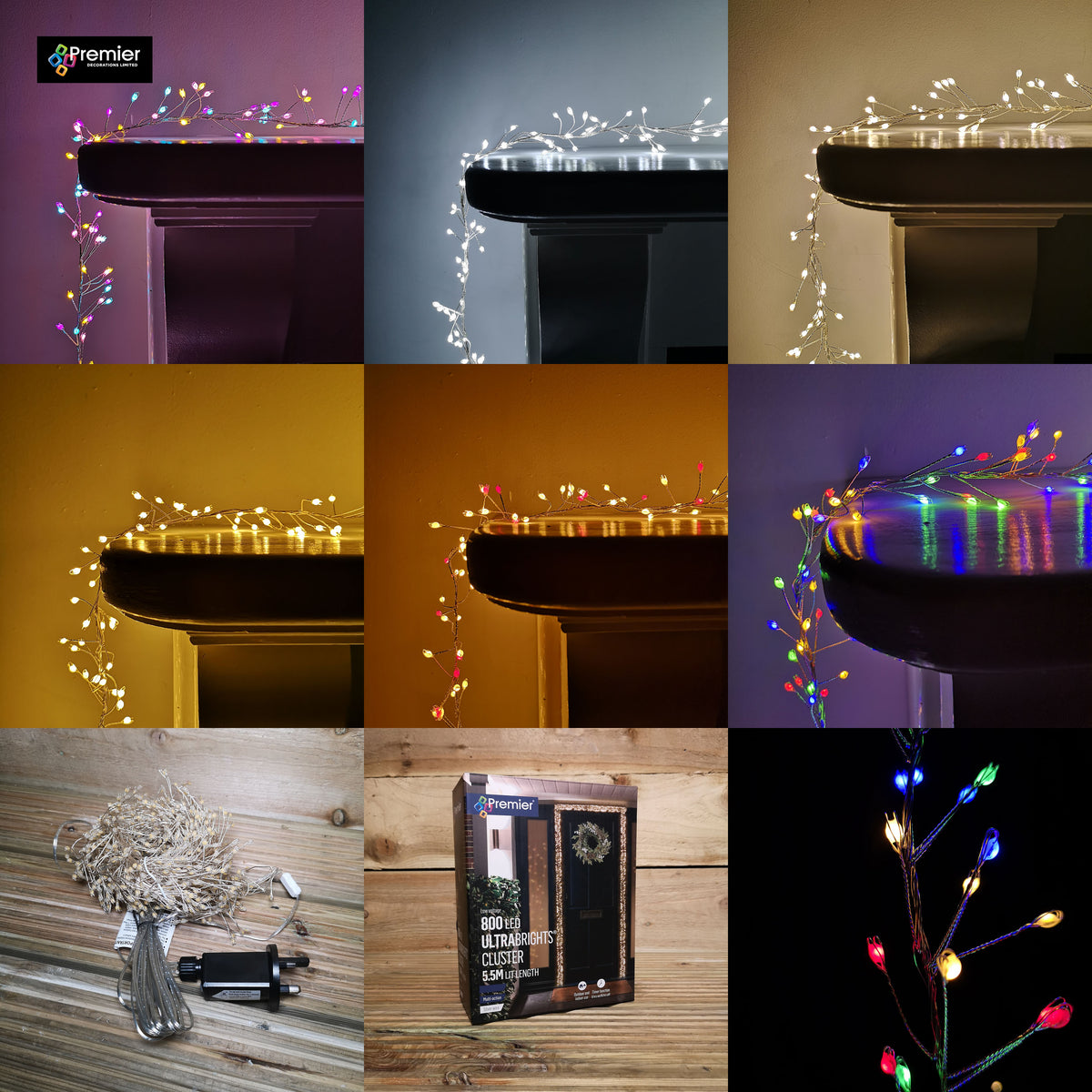 800 LED 5.5m Premier Indoor Outdoor Multi Function Christmas Cluster Lights with Timer on Silver Pin Wire in Choice of Colour