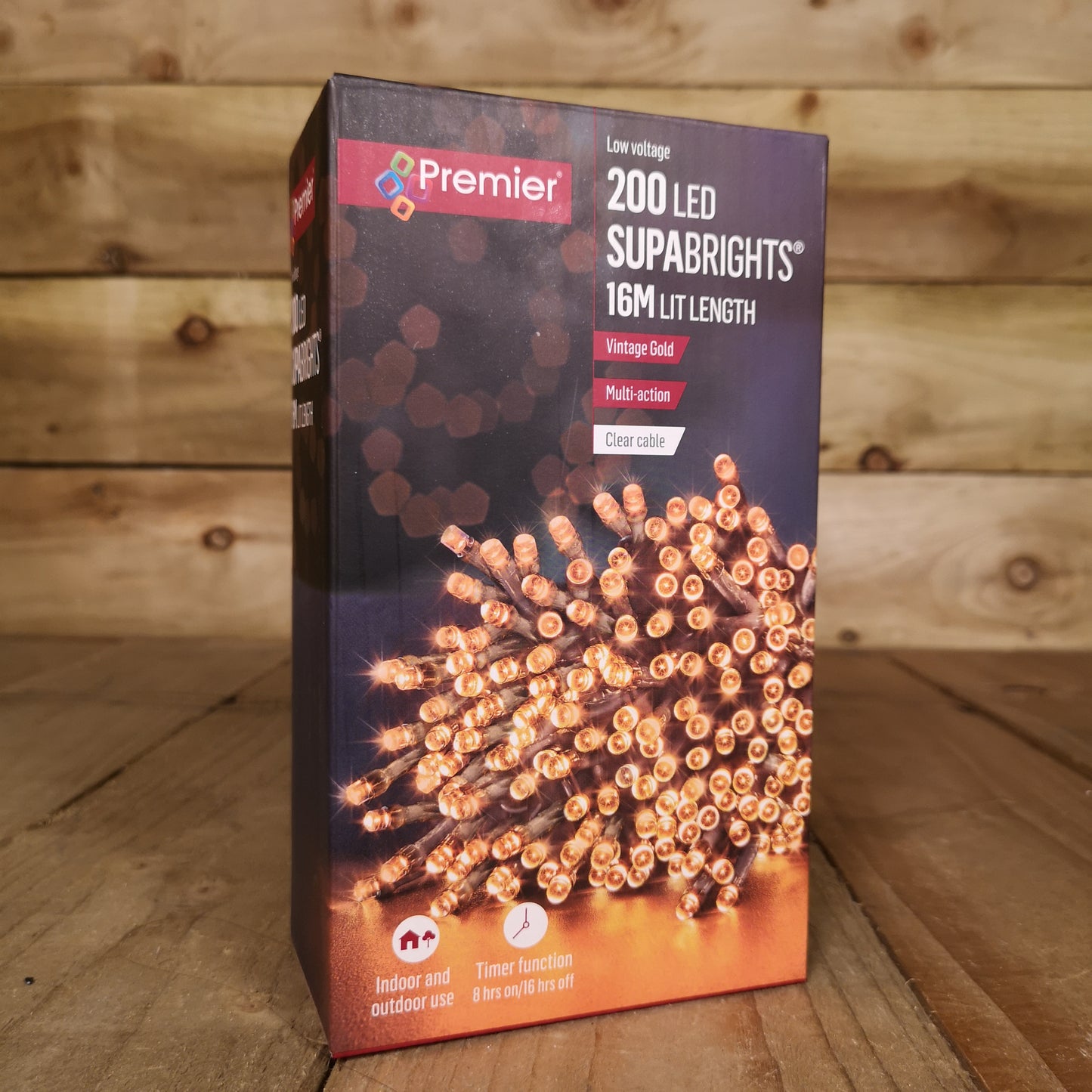 200 LED 16m Premier Christmas Outdoor Lights Timer Clear Cable in Vintage Gold