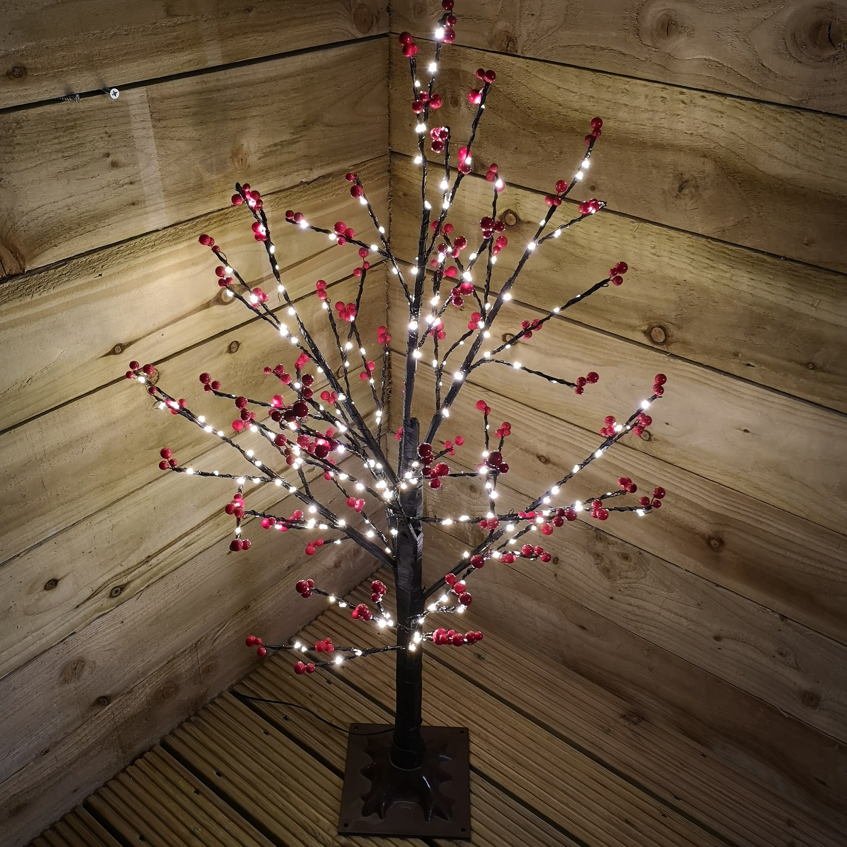 90cm 3ft Christmas Lit Black Twig Tree Red Berry 240 Warm White LED