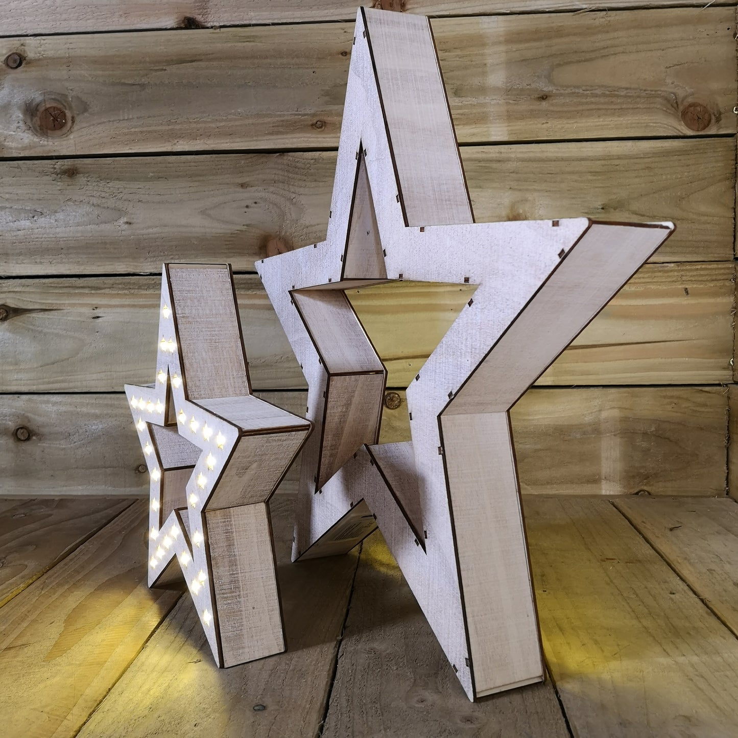 Set of 2 Wooden Battery Operated Stars Christmas Decoration with 60 Warm White LEDs