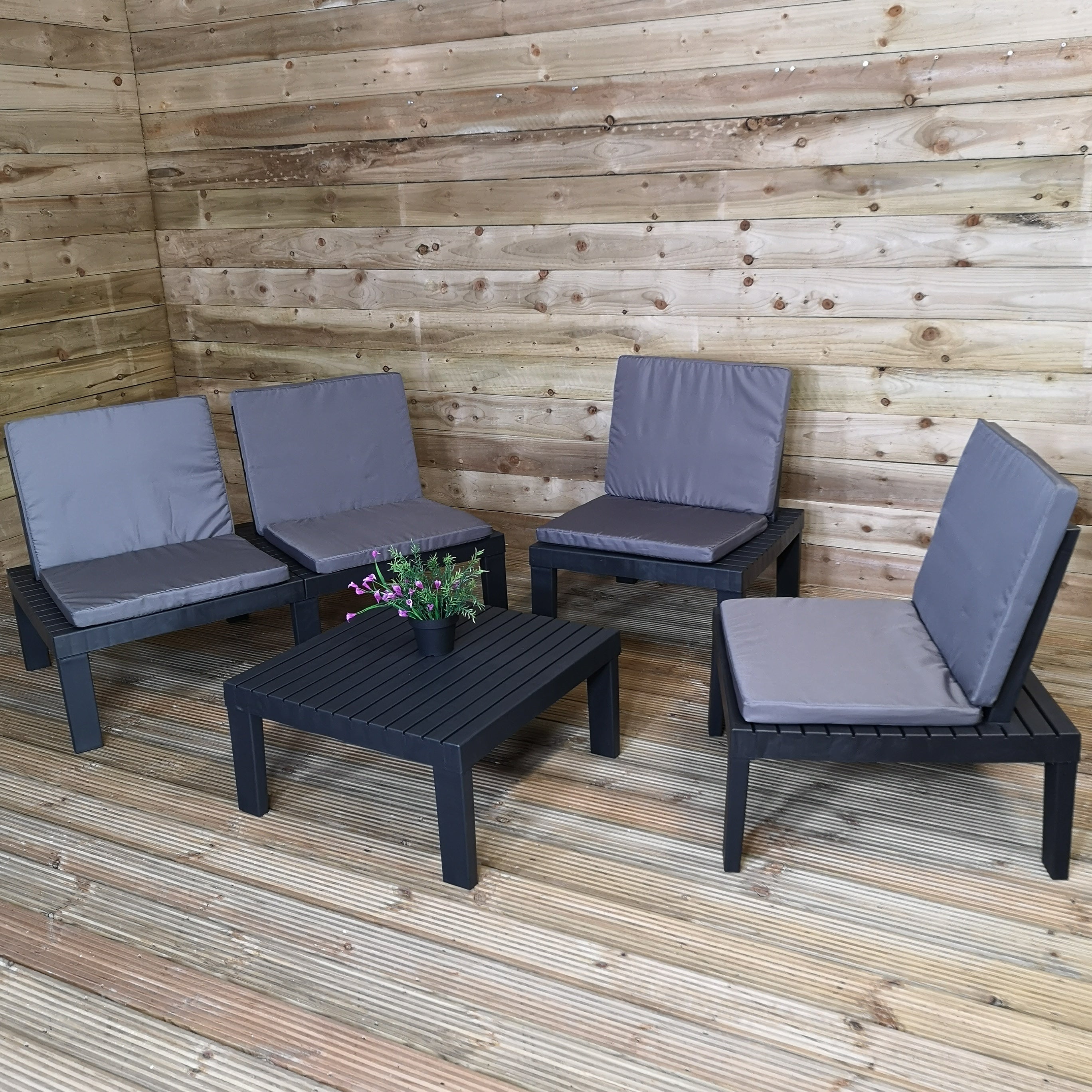 5pcs Plastic Modular Garden Furniture Set Sofa Chair Table and Grey Cushions