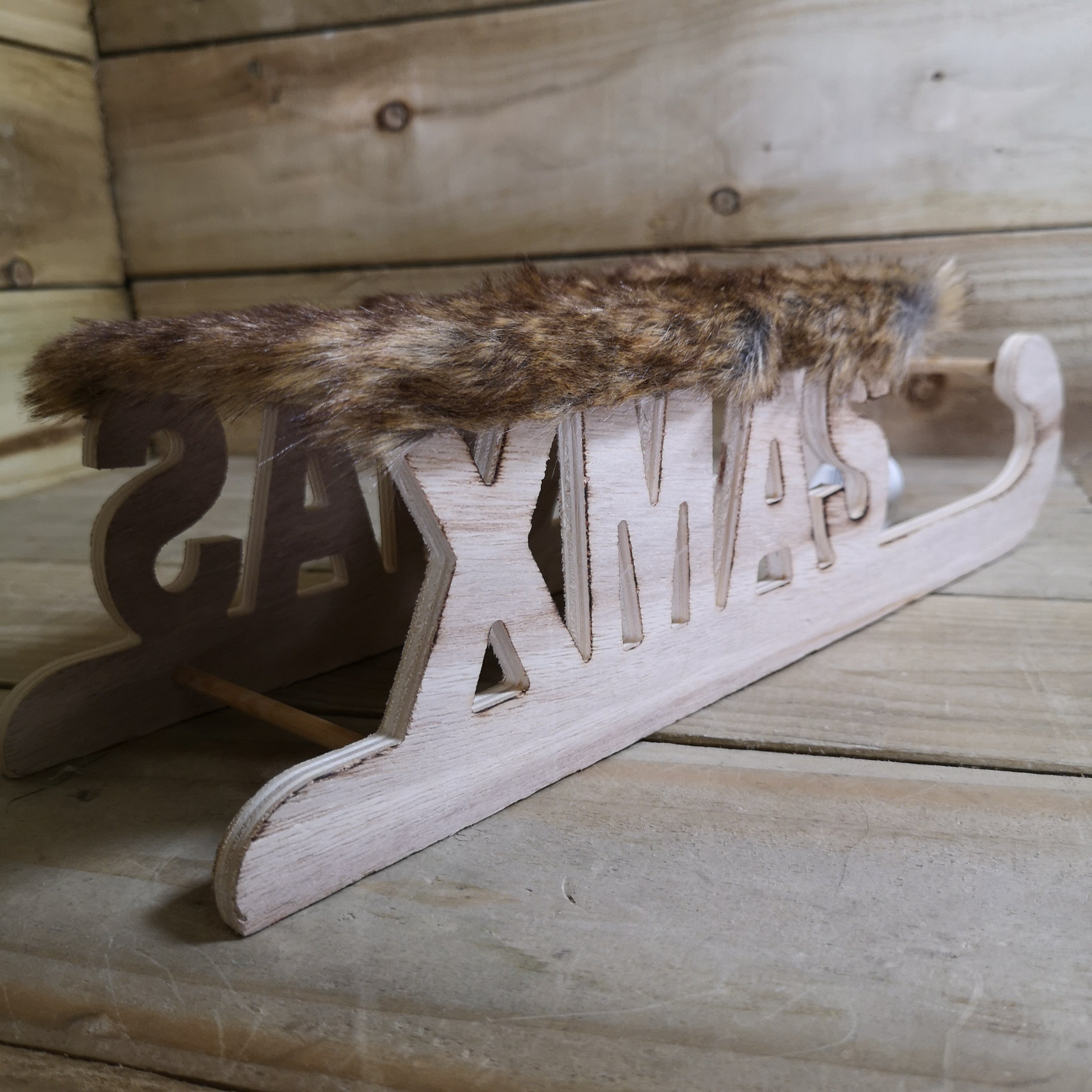 40cm Wooden Christmas Santa Sleigh Decoration with Faux Fur
