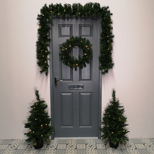 Pre Lit Christmas Door Decoration Kit - 90cm Trees / Garland & 60cm Wreath 2736