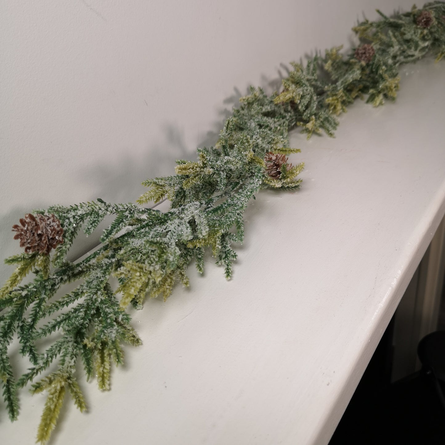 160cm Realistic Look Christmas Green Spruce Garland with Frosting and Plastic Pine Cones