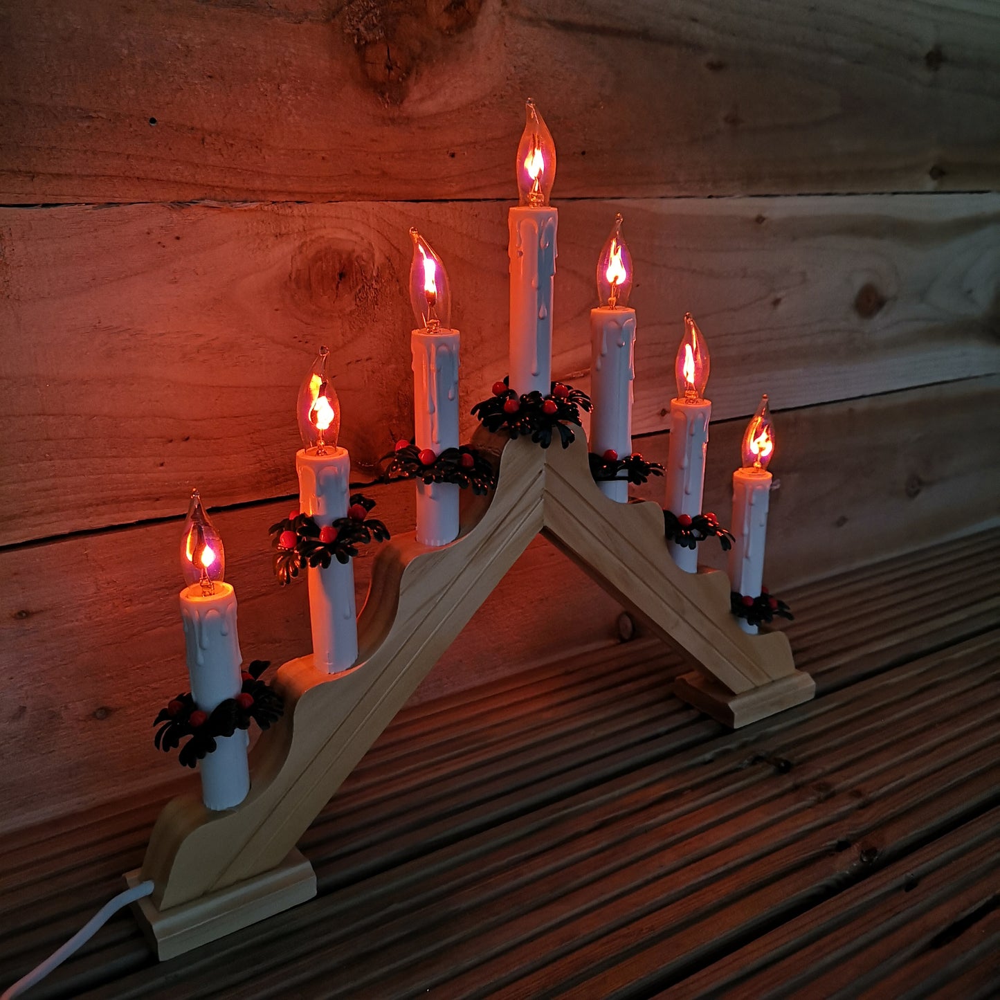40cm Premier Christmas Candlebridge with 7 Flickering Bulb in Light Wood Finish Mains Operated
