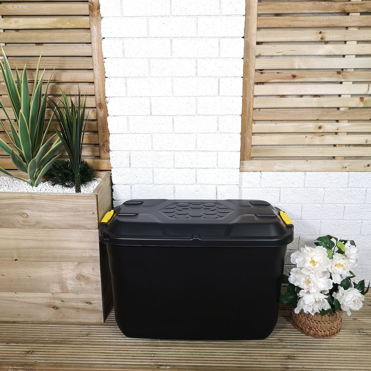 110L Heavy Duty Trunk on Wheels Sturdy, Lockable, Stackable and Nestable Design Storage Chest with Clips in Black