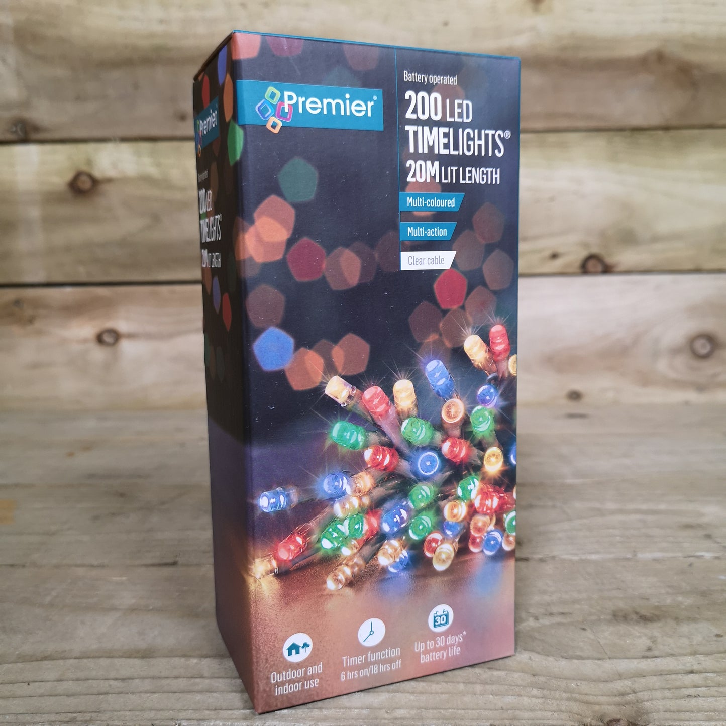 200 LED 20m Premier Christmas Outdoor Multi Function Battery Lights with Timer & Clear Cable in Multicoloured