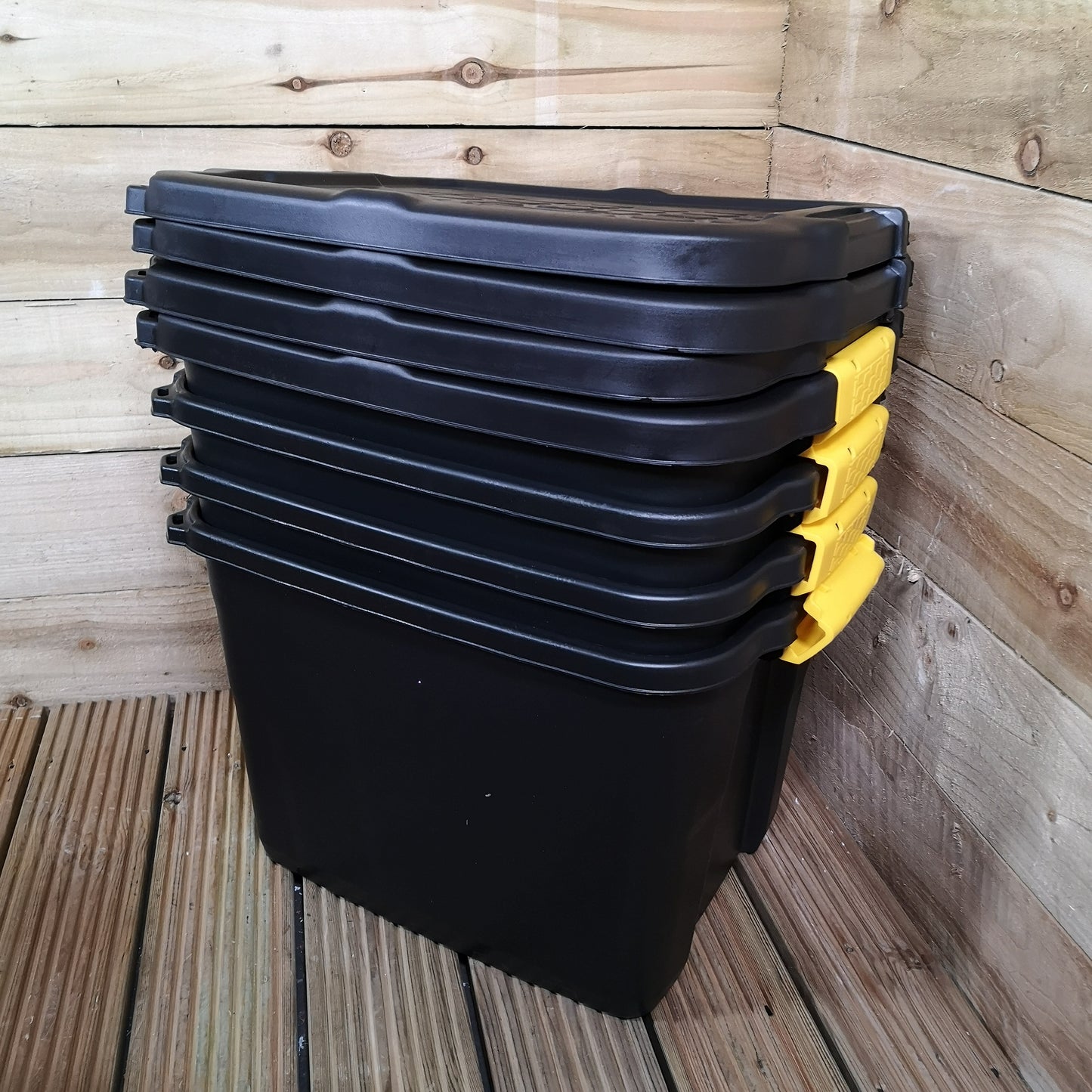 4 x 42L Heavy Duty Storage Tubs Sturdy, Lockable, Stackable and Nestable Design Storage Chests with Clips in Black