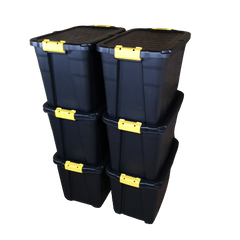 6 x 60L Heavy Duty Storage Tubs Sturdy, Lockable, Stackable and Nestable Design Storage Chests with Clips in Black