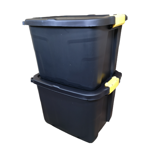 2 x 42L Heavy Duty Storage Tubs Sturdy, Lockable, Stackable and Nestable Design Storage Chests with Clips in Black