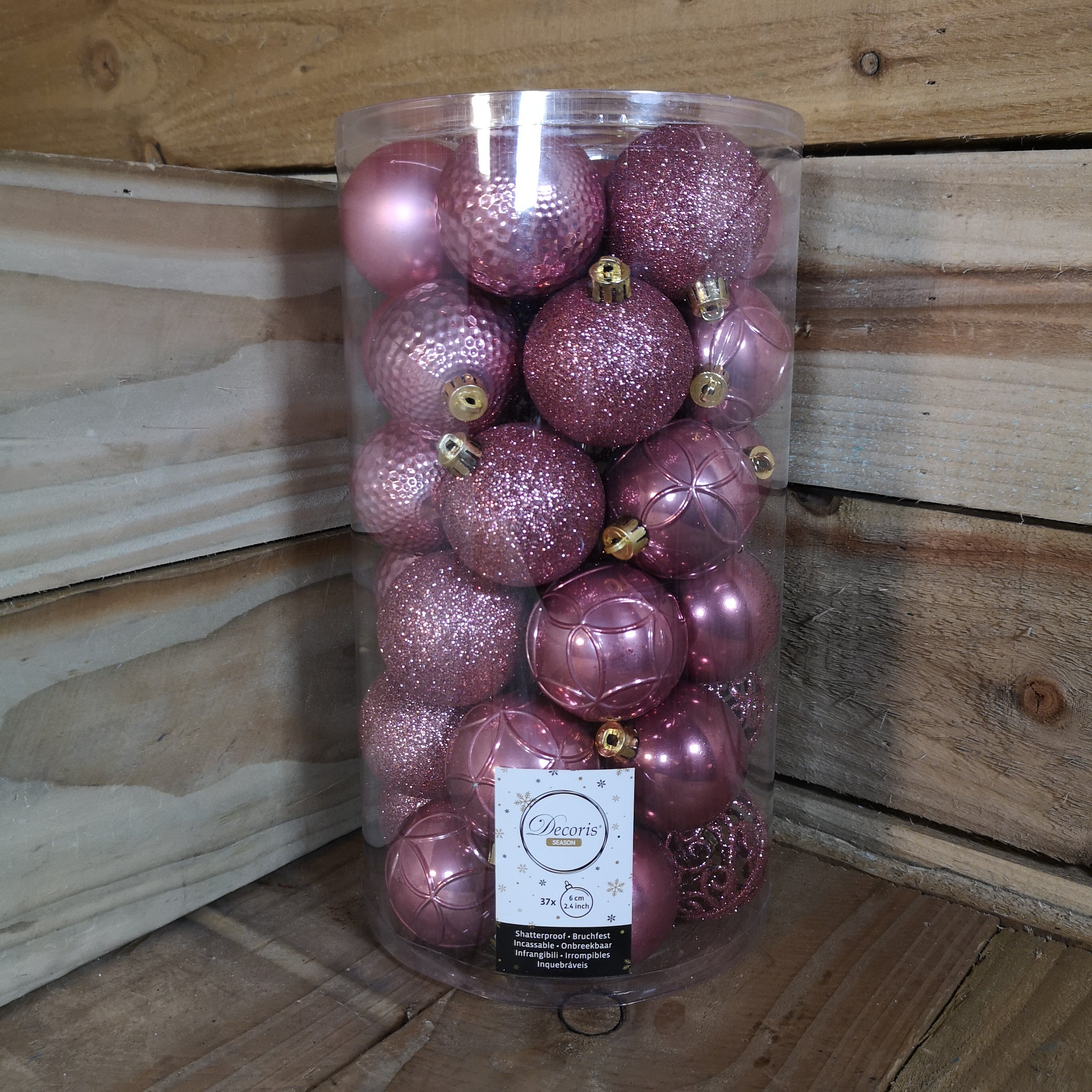 37pcs 6cm Assorted Shatterproof Baubles Christmas Decoration in Velvet Pink