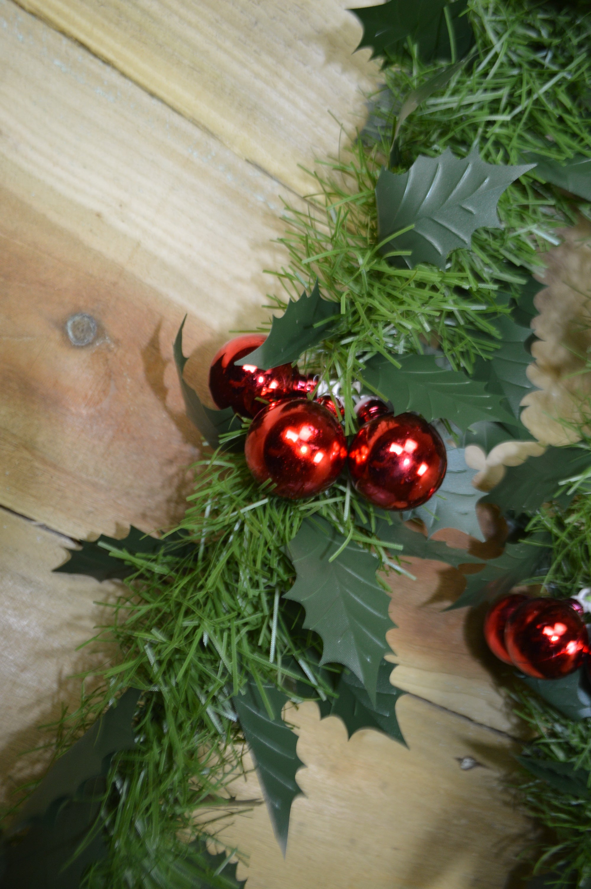 2.7m x 12cm Christmas Green Tinsel Garland with Holly & Baubles