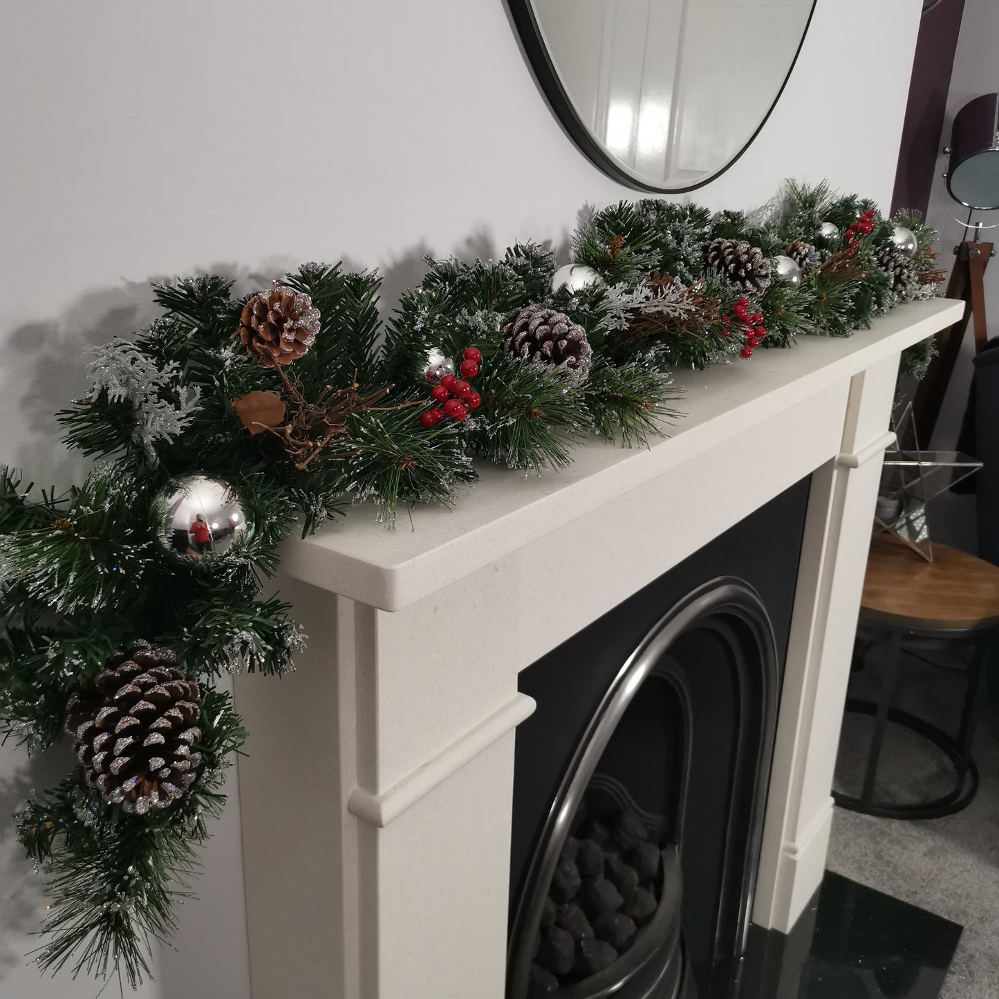 Premier 180cm (6ft) Festive Silver Dressed Christmas Garland With Berries Pinecones And Silver Baubles
