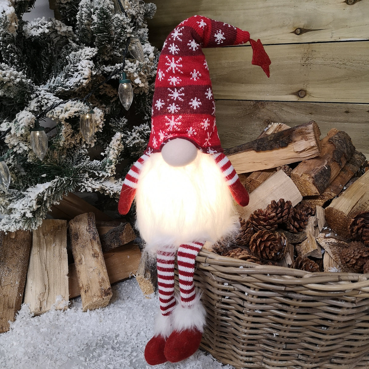 48cm Tall Christmas Light Up Gnome Gonk Nordic Decoration Red Dangly Leg Sitting