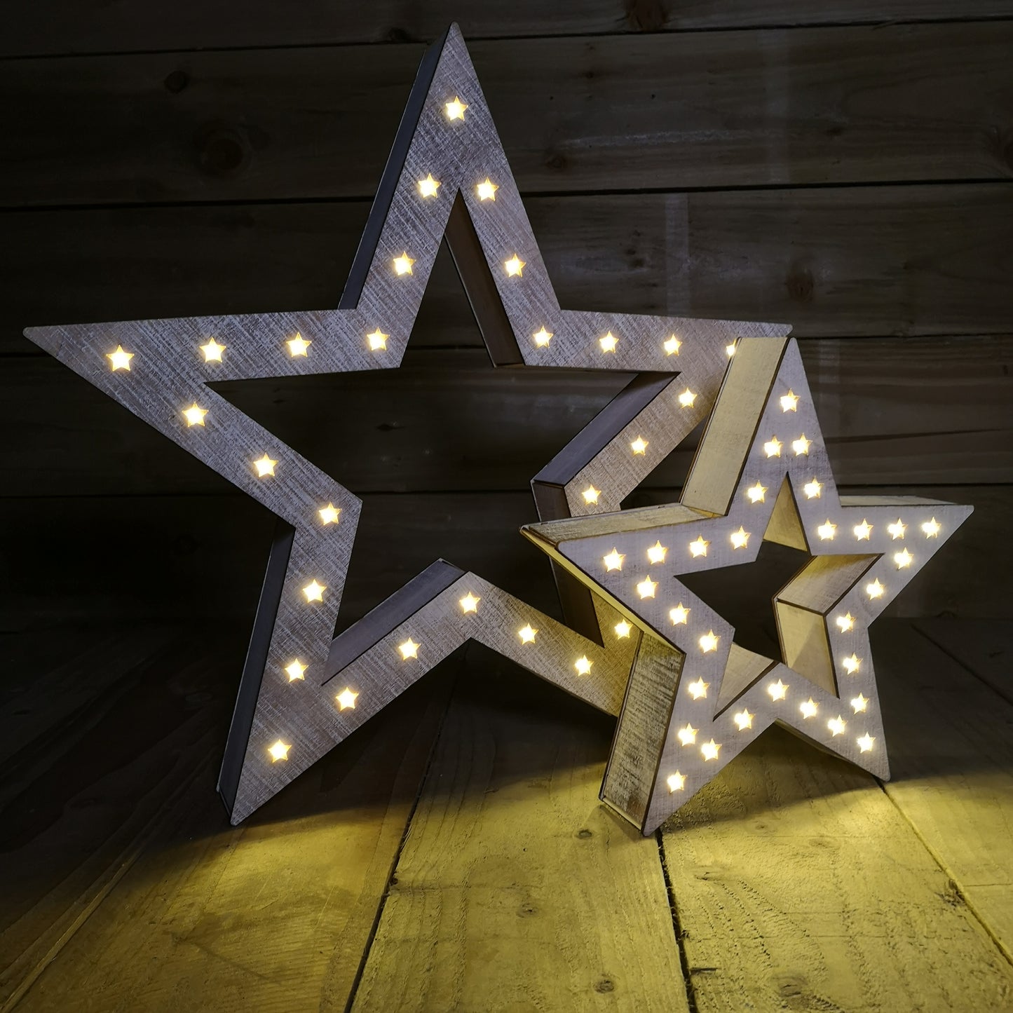 Set of 2 Wooden Battery Operated Stars Christmas Decoration with 60 Warm White LEDs