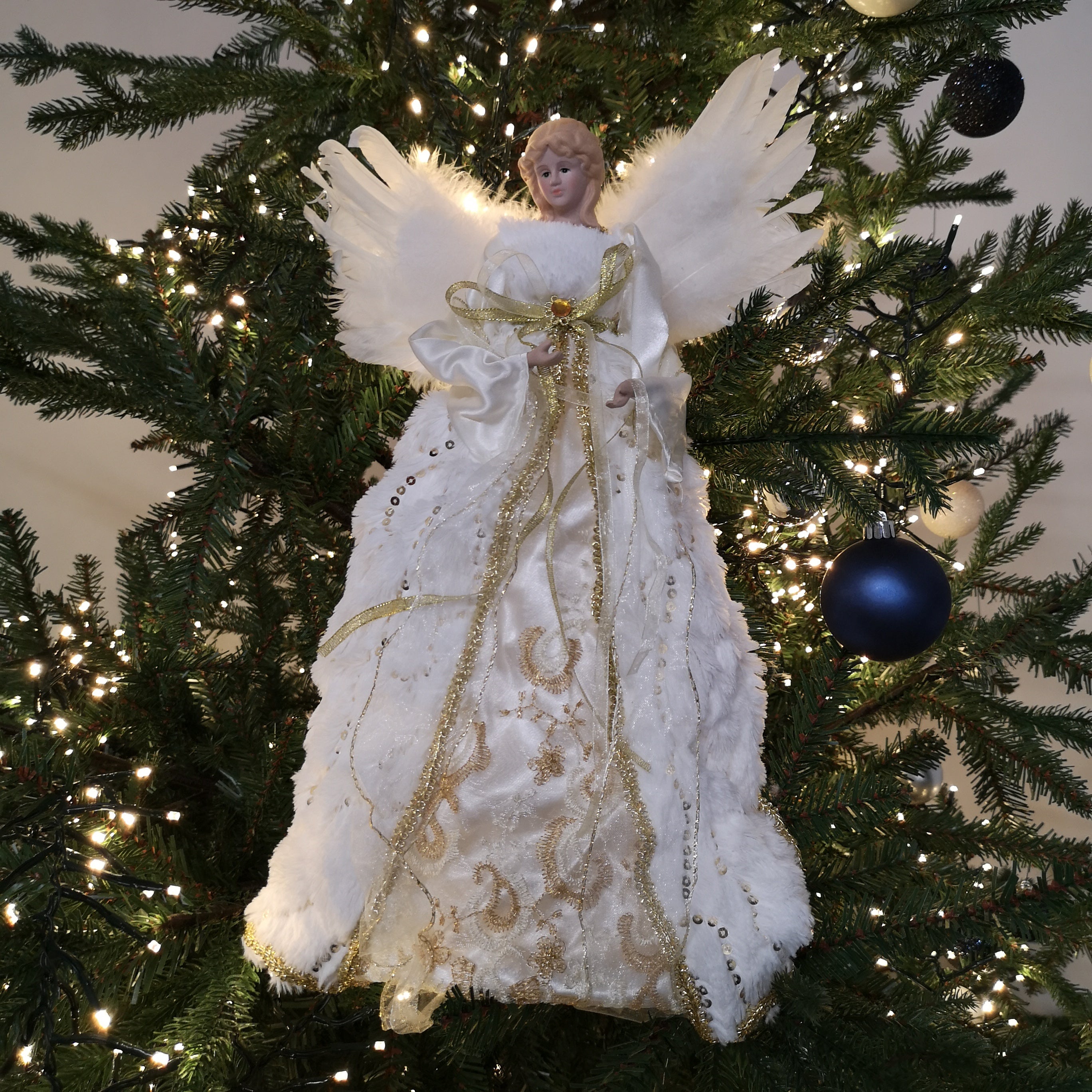 40cm Premier Deluxe Christmas Angel Tree Topper Decoration in Gold & White