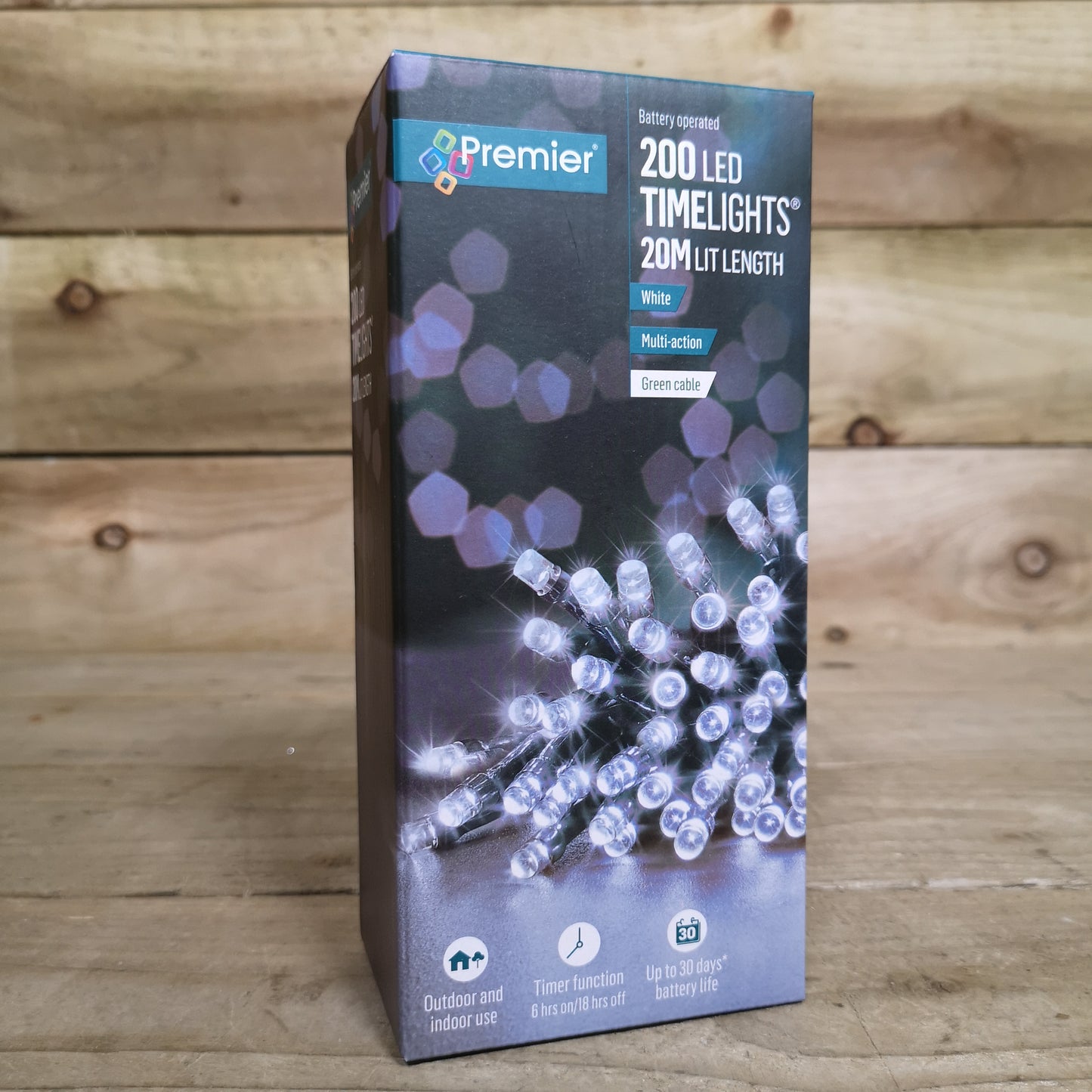 200 LED 20m Premier Christmas Indoor Outdoor Multi Function Battery Operated String Lights with Timer in Cool White