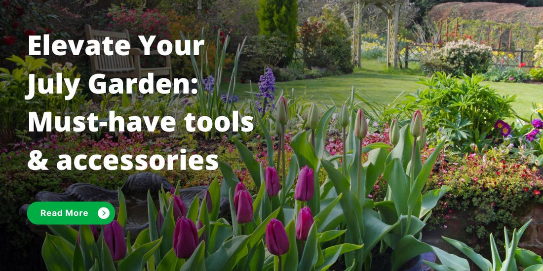 A selection of essential tools and accessories for a successful July garden, including wheelbarrows, plant pots, cold frames, and greenhouses.